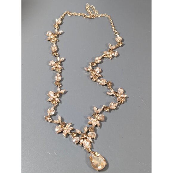 Golden Beige Rhinestone Teardrop Tennis Statement Necklace Elegant Evening Spark - Picture 2 of 11